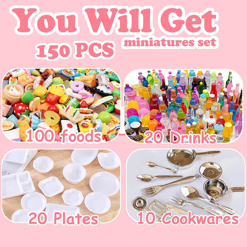 150Pcs Miniatures Food Drinks Bottles Doll House Accessories - 1:12 Playset for Pretend Play Kitchen Game