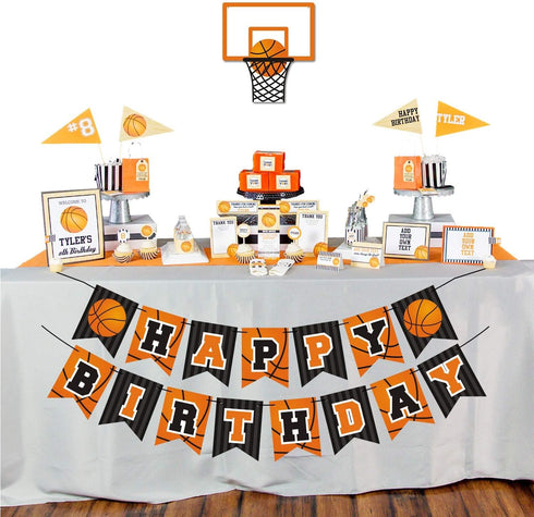 Basketball Happy Birthday Banner, Slam Dunk Party Decoration Supplies for Kids Teenagers B-day Photo Prop