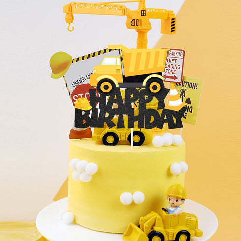 Glitter Building Truck Happy Birthday Cake Topper, Construction Truck Decor for Kids Birthday or Baby Shower Party