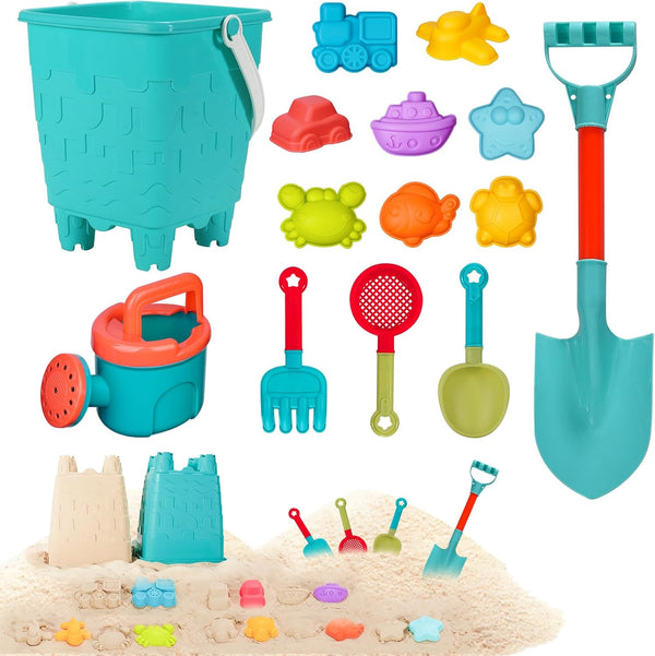 BeneFine 14 Piece Beach Toys,Castle Barrel Bucket,Sea Animal and Traffic Sand Molds,Beach Shovel