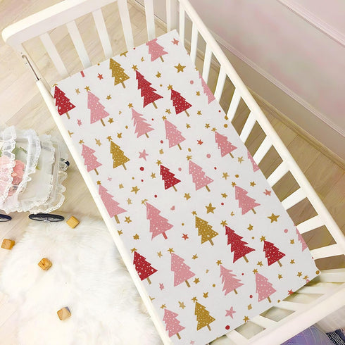 Sheet,52x28IN Pfrewn Christmas Crib Sheets for Boys Girls Christmas Pink Fir Trees Stars Snowflakes Fitted Crib Sheet