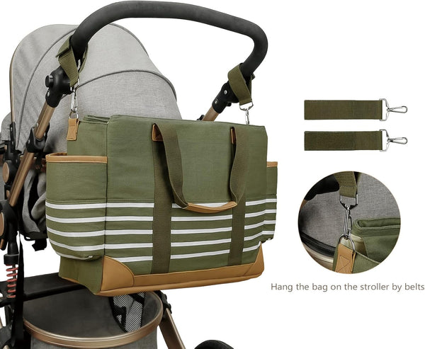 JAMIEKA Large Capacity Durable Canvas Mom Bag Ergonomic Handle Stroller Hook for Traveling Parents and Baby Care