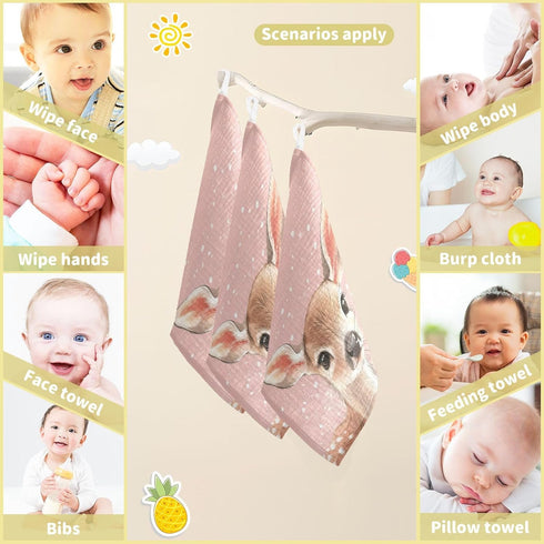 YETTASBIN 4 3 Pack Cute Deer Muslin Baby Hand Washcloths, Soft Cotton Bath Face Towel, Layers Extra Absorbent Feeding