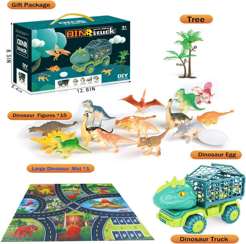 JKGIFTS 15 3-5, Dinosaur Truck Toy with Dino Figures & Activity Play Mat, Dinosaur Eggs, Perfect for Kids Stocking