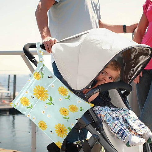 visesunny 2Pcs Sunflower Bee Daisy Green Leaf Wet Bag with Zippered Pockets Washable Reusable Roomy