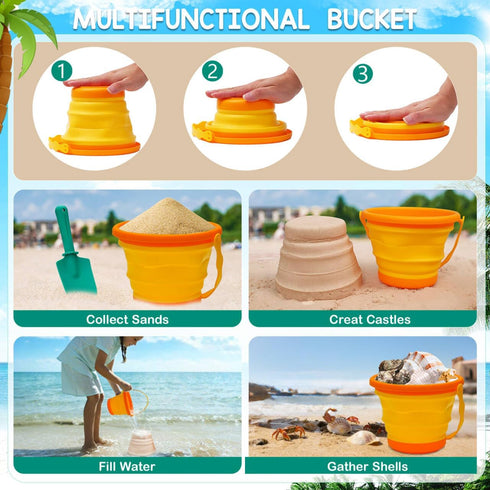 BeneFine Set Summer Beach Toy for Kids Sand Toys Outdoor Play with Mesh Bag-Includes Collapsible Bucket, Mesh Shovel