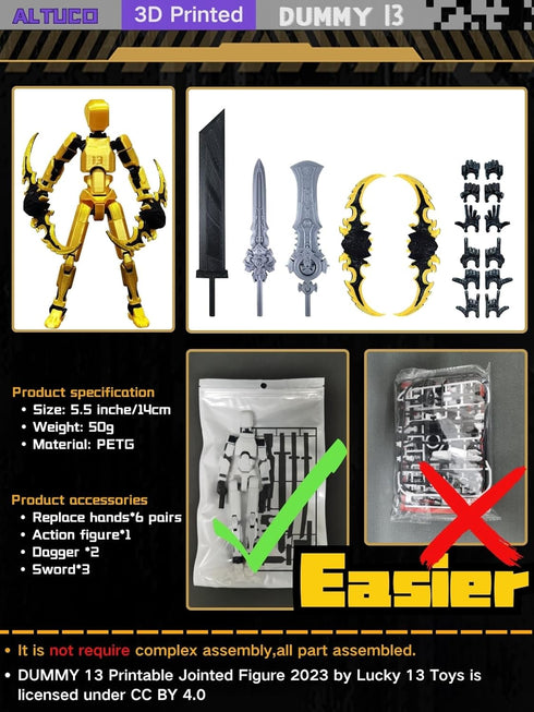 Pre Assembled Gold T13 Action Figure with Multiple Accessories, 3D Printed Multi-Jointed Titan 13 Decorative Toy