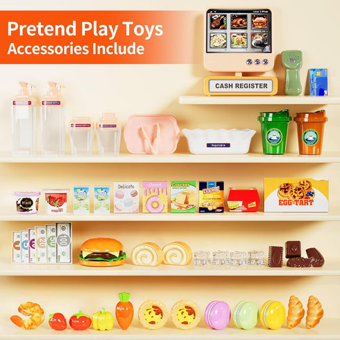 Pupu Pig Playset, 3+ Kids Grocery Store Fun Play Store with Realistic Cash Register Toy, Scanner, Play Food, Coffee