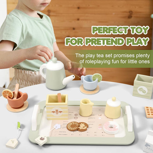 Set Set 1 2 3 4 5 Wooden Tea Party for Little Girls, Play Tea for Kids Toddlers, Pretend Play Kitchen Toy Gift