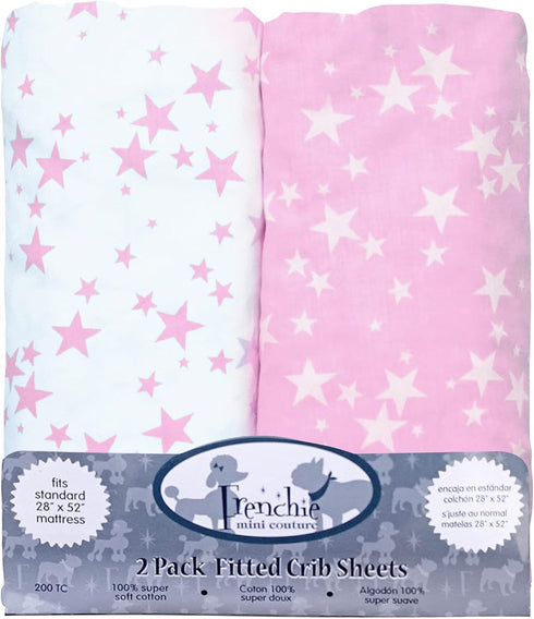 Frenchie Mini Couture Fitted Crib Sheets 100% Woven Cotton Fits Toddler Mattress, Pink Stars, 28