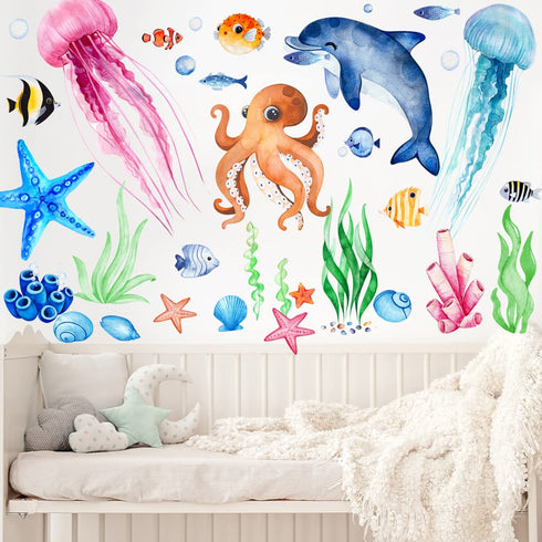 4 Sheets Ocean Fish Wall Decals Stickers, Removable Sea Life Marine Animal Decor for Kids Nursery Bathroom