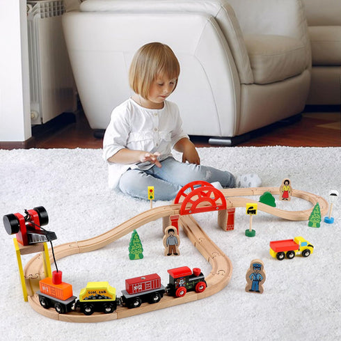 Set 39 5 3,4,5 Set Qilay Wooden Train for Toddler - Pcs Wood Train Tracks with Crane, Bridge & Wooden Trains - Train