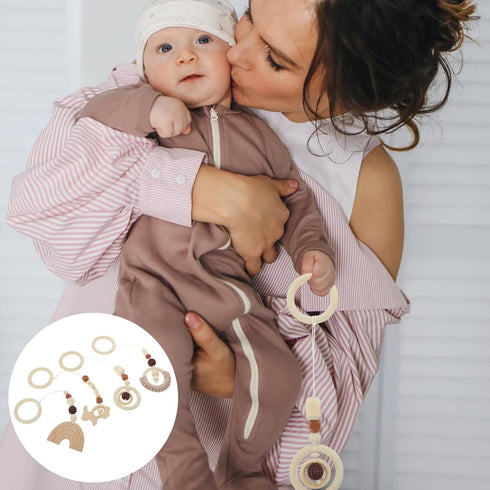 Toddmomy 4Pcs Baby Gym Wood Toys, Wooden Hanging Toy Activity Pendant for Nursery Decor