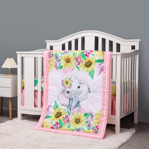 Set 3 Set Set Cloele Crib Bedding for Baby Girls - Piece Elephant Baby Bedding Includes Pink Crib Skirt Crib Quilt