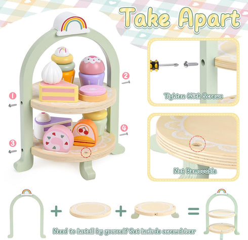 Set Set 2 3 4 5 6 3-6 Lonico Wooden Tea Party for Little Girls Toddler Tea with Cupcake Stand & Food Dessert, Play