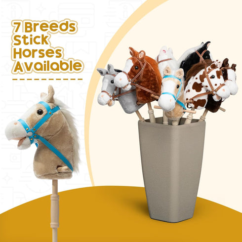 36 Inches(AA HollyHOME Stick Horse Plush Handcrafted Hobby Horse on a Stick with Wood Wheels Real Pony Neighing