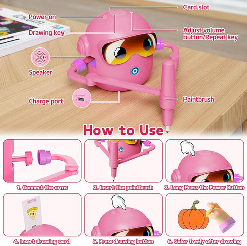 100 12 3 4 5 6 7 8 Peledic Drawing Robot Toy for Kids with Word Cards & Color Pens, Voice Interactive Educational