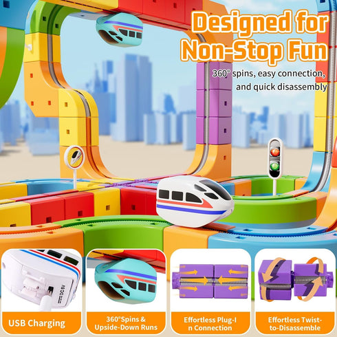 Set 3D 360 3-12 55PCS Electric Train for Kids, Infinity Racer Snap-Fit Cube Track Toy, DIY STEM Rail Cube Monorail
