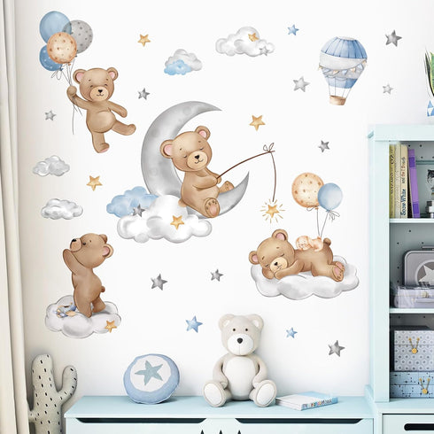 decalmile Bear Sleeping on The Moon Wall Decals Hot Air Balloon Animals Clouds Wall Stickers Baby Nursery Kids Bedroom