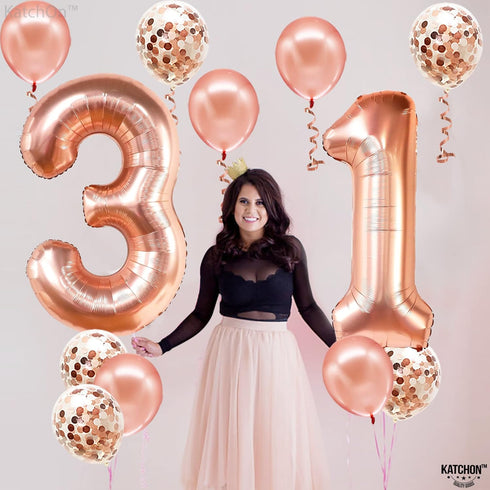 KatchOn Rose Gold 31 Balloons Pack of 12, 40 Inch Birthday Decorations for Women with Confetti Balloons