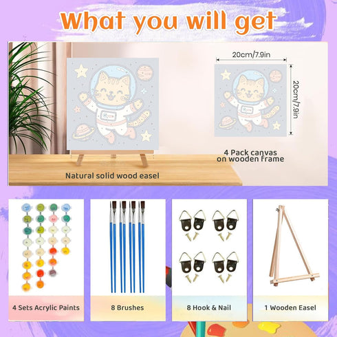 ajepon 4 Pack 5-8, (8X8inch) Paint by Numbers Kit for Kids with Frame - Animals Paint by Number for Kids, Space Animals