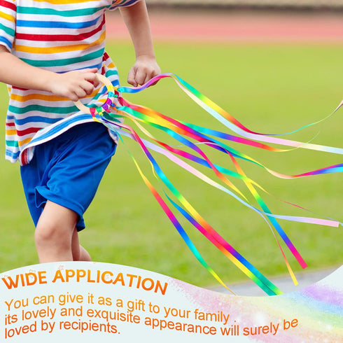 12 Pcs Rainbow Ribbon Wooden Waldorf Toys, Creative Hand Kite Set with Wood Ring for Educational Playroom Dancing.
