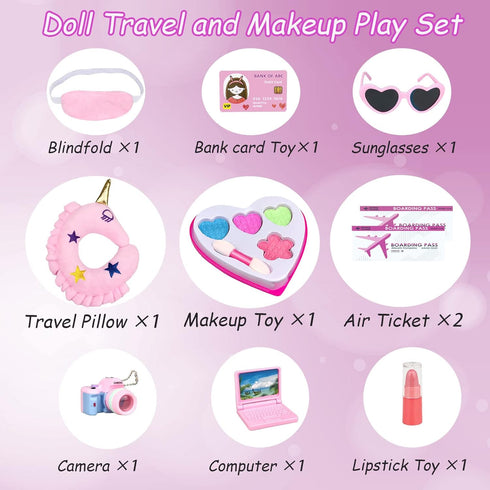 BNUZEIYI 17Pcs 18 Inch Girl Doll Clothes and Accessories Travel Play Set with Pillow and Camera for Girls