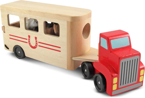 Melissa & Doug Horse Carrier Wooden Vehicle Play Set with 2 Flocked Horses and Pull-Down Ramp