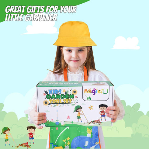 Magic4U Set, 22 3+ Kids Gardening Tools Pcs Metal Garden Tools Toys with Apron, Gloves, Wood Handle Shovel, Rake, Hoe