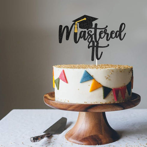 Black Glitter Mastered It Cake Topper - College Grad Congratulations MBA Graduation Party Decorations