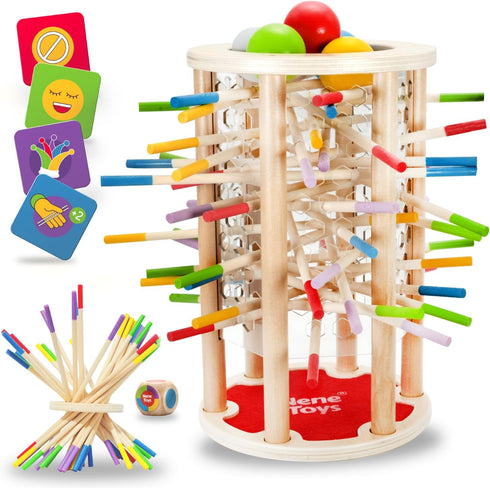 Nene Toys BALLFALL 4-in-1 Montessori Game with Colorful Sticks, Dice & Cards for Kids 3+ Years - Educational Wooden