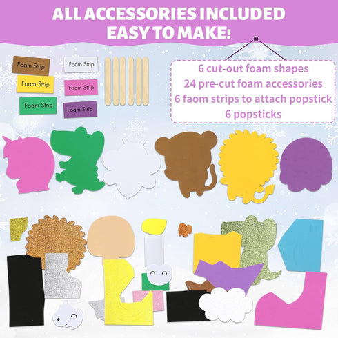 VKPI 6 Popstick Puppets Craft Kits for Kids, Foam Art Crafts Gift, Story Time Toys for Ages 4+, Birthday Party Supplies