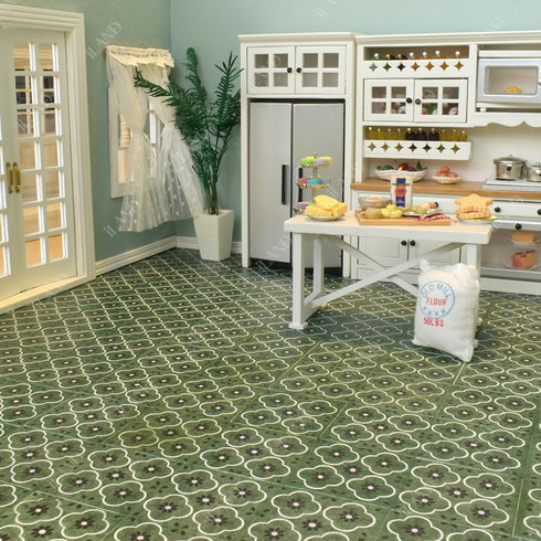 iLAND Dollhouse Flooring - 1/12 scale, 1/6 scale, 30pcs Double-Sided Dollhouse Floor Tiles, French Green Floral