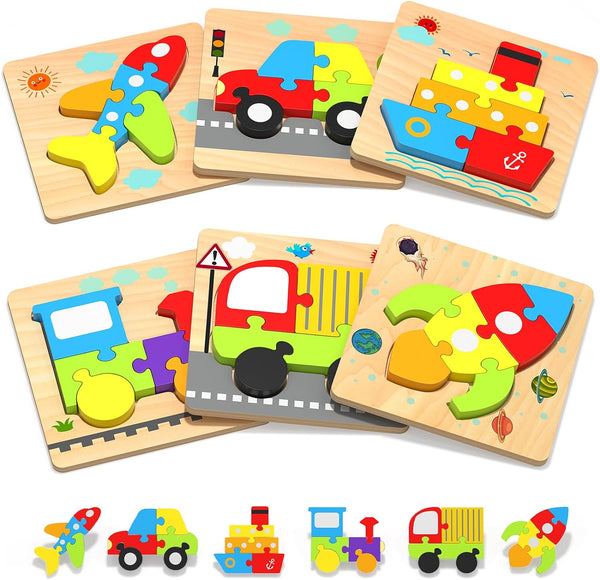 Wooden Toddler Puzzles for 1-3 Years Old, 6 Vehicle Shape Montessori Educational Blocks for Kids Gifts