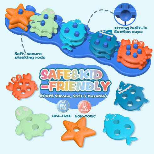 Set 10 Silicone Baby Bath Toys Stackable, Shape-Sorting Floating with Mold-Free Textured Pieces, No-Hole Design Early