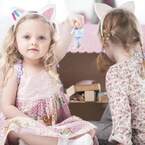 Cat Ears Headbands - 4pcs Dollhouse Birthday Party Accessories, Flannel Cartoon Cosplay Headpiece & Glitter Hair Clips