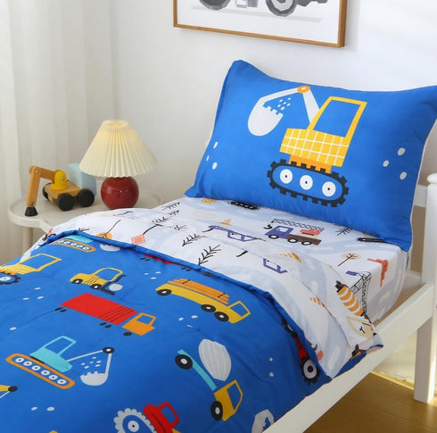 Set 4 Set Blue Cartoon Car Construction Toddler Bedding for Boys, Piece Reversible Truck Lightweight Toddler Comforter