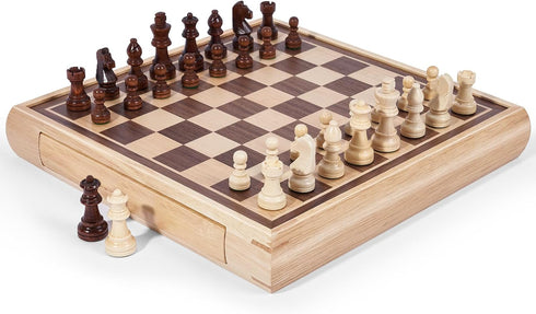 VAMSLOVE 13" Chess Chinese Checkers 2 in 1 Wooden Board Game Set with Pieces Storage Drawer, Bonus Marbles for Birthday