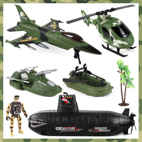 Playset 3-9 deAO Submarine Toy Army Men Action Figures with Military Vehicles - Helicopter, Boat, Aircraft for Boys Age