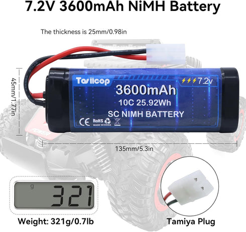 Tosiicop 7.2V 3600mAh Pack 7.2 NIMH Battery - Volt RC Rechargeable Batteries with Tamiya Plug Connector for Remote