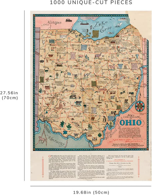 1000 Piece Puzzle for Adults: 1934 Map of Ohio, Cartograph of Ohio - The Oldest State US Puzzles