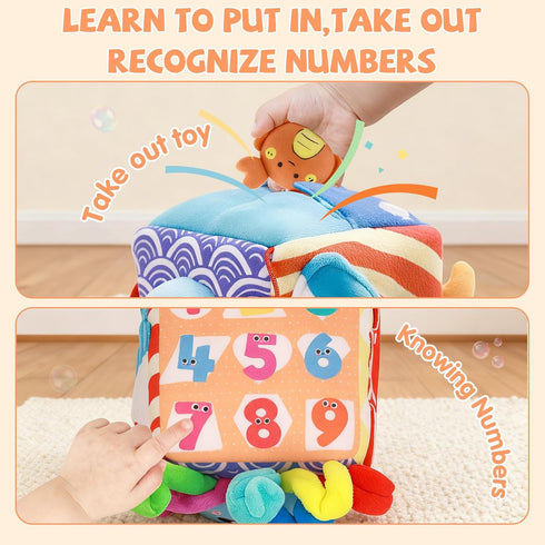 6-12 5 6 1-3 SAIMAND Baby Toys MonthsMystery Soft Box with Plush Marine Animals,Rattle,Crinkle Paper & MirrorMontessori
