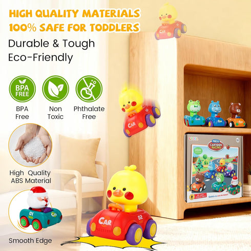 1-3, 6 Pack Set 6-9-12-18 1st 1-2 Press and Go Car Toys for Toddlers Birthday Gifts for Boys, Friction Powered Baby