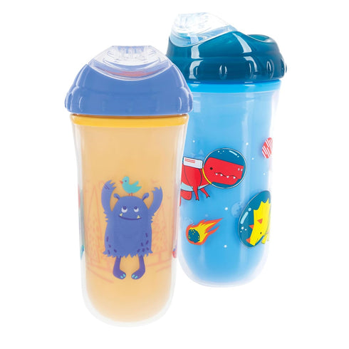 9 oz/ 270 ml 2 pack: 18 Nuby No Spill Insulated Transition Cup with Soft Rim Spout | | Aqua Animals & White Shapes