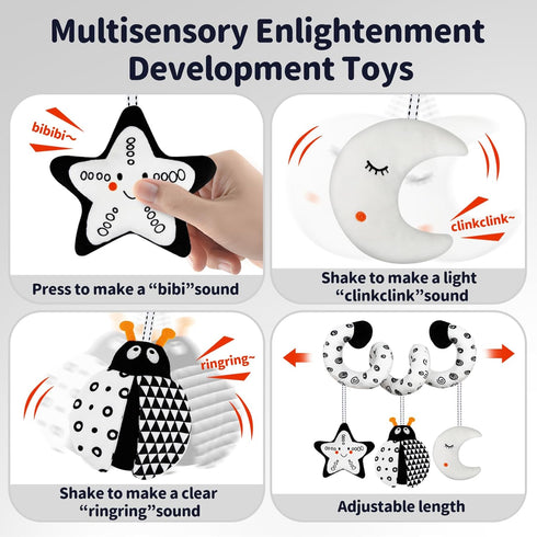 Car Seat Toys for Babies 0-6 Months, Hanging Rattle Toys for Crib Mobile, Black and White High Contrast Stroller Toys