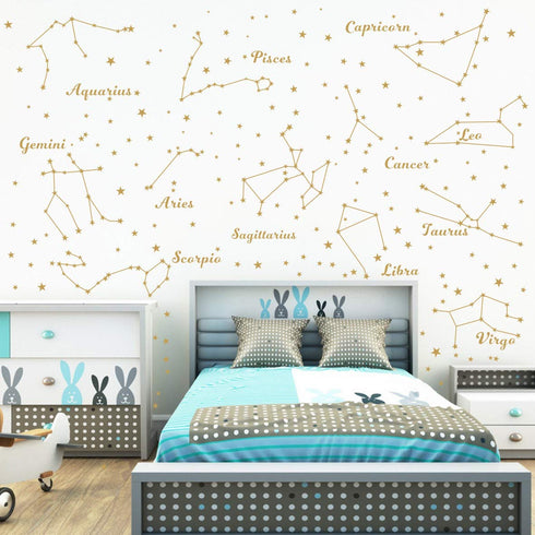 Constellation Wall Decal, Twelve Constellations Stars Wall Stickers for Nursery Room Zodiac Art Mural Decoration (Gold)