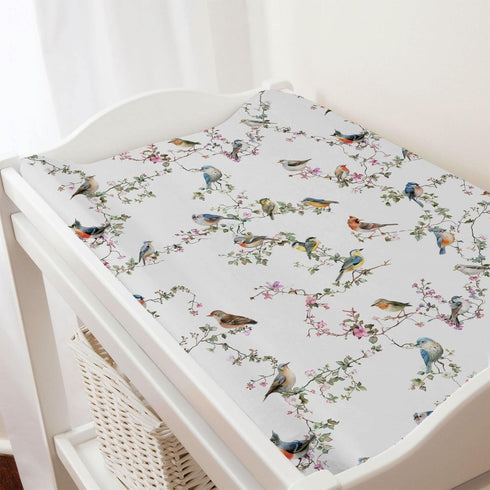 Watercolor Sparrow Spring Floral Changing Pad Covers, Birds Flowers Leaves for Boy Girl, Soft Stretchy 32''x16''