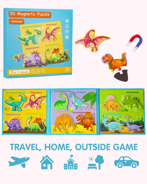 Magnetic Puzzles for Toddlers 2-4, Travel Dinosaur Activities Toy Wooden Jigsaw Puzzles Book for Kids 1-5