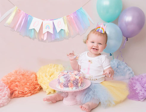 LINLULU 1st Pastel Rainbow High Chair Banner - Tulle & Ribbon Highchair Banner for Birthday Girl, Rainbow Decorations