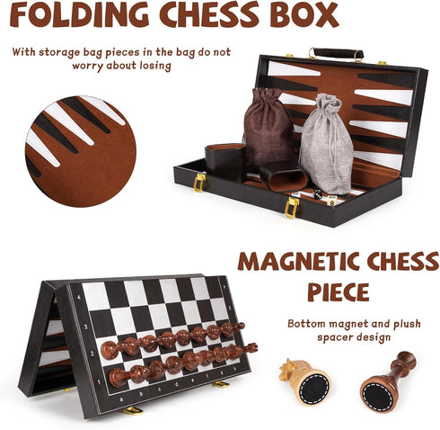 3 1 Set Backgammon Set, 15" Set, in Magnetic Chess & Checkers Board Game Wooden Folding Chess Board, Tournament